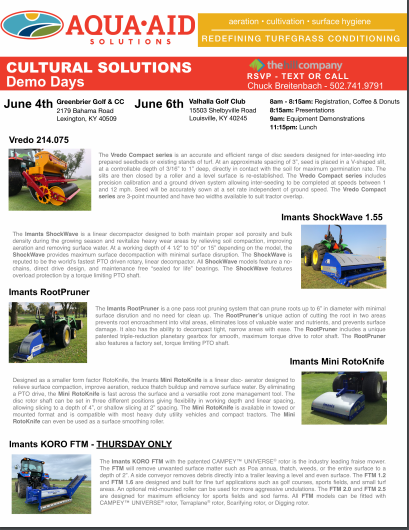 Bluegrass_GCSAA's tweet photo. Another learning opportunity for local supts. Come check out Imants equipment demo at Greenbrier G&amp;CC June 4th 8:00-Registration 8:15 Presentations 9:00 Equip. Demo 11:15 Lunch  Attendees must RSVP to @chuckbturf call or text https://t.co/Wu7WztBPRr