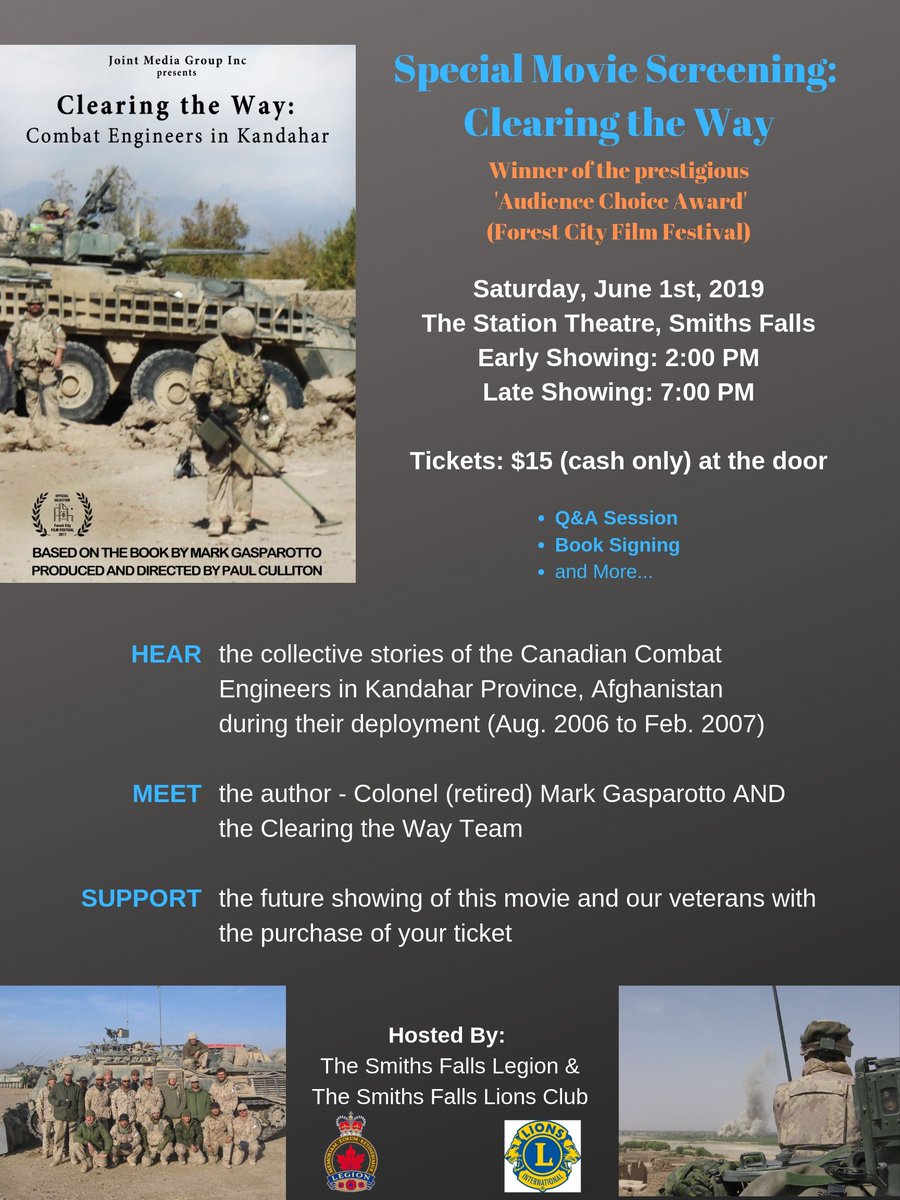 LionsClubSF's tweet photo. #SmithsFalls - June 1st
A unique opportunity to catch a special screening of 'Clearing the Way' - telling the collective stories of the Canadian Combat Engineers in Afghanistan. https://t.co/XkQWuIHbvE 

#Documentary #veterans #legion #Lions https://t.co/cFJTdelo90