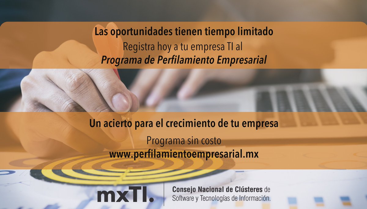 Programa de Perfilamiento Empresarial, por tiempo limitado. No se quede fuera y obtenga los beneficios para el crecimiento de su empresa. Registre hoy su empresa TI: perfilamientoempresarial.mx. Programa sin costo. Contacte a su #Cluster #TI regional #Estrategia #Innovacion #Negocios