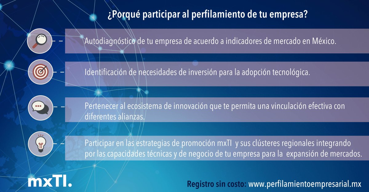 Dé el primer paso para hacer crecer su empresa TI. Programa de Perfilamiento Empresarial, sin costo y por tiempo limitado. No se quede sin su lugar. ¡Registre su empresa hoy! perfilamientoempresarial.mx   Contacte a su #Cluster #TI regional.  #Estrategia #Innovacion #Negocios