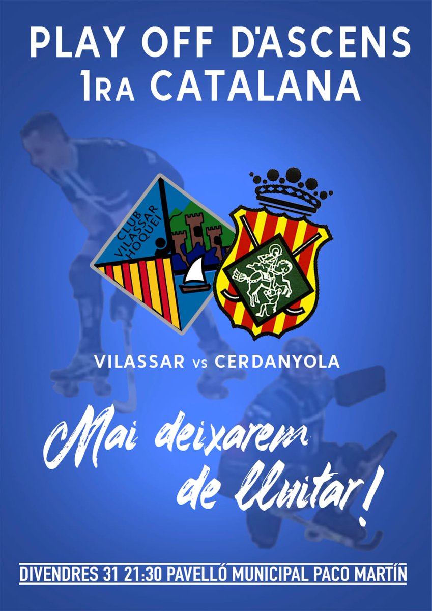 Ara toca OMPLIR DE NOU EL PAVELLÓ de Vilassar. 

Aquest divendres dia 31 a les 21:30, el nostre Senior Masculí juga el partit d'anada de l'eliminatòria d'ascens a Primera Catalana contra el @Hoqueisarda. 

Queden 4 dies, que puguis dir JO HI ERA i VAIG GAUDIR del PARTIT !!!