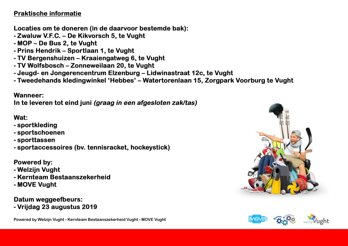 phvught's tweet photo. Doe mee aan de kledingbeurs!

Past je sportkleding niet meer? Heb je spikes of sportschoenen die je nooit meer gebruikt? Niet weggooien, maar lever het bij ons in de kantine in! Er staat een speciale inzamelbak. Zo zorgen we er samen voor dat iedereen kan sporten! https://t.co/UVpLZFaKVV