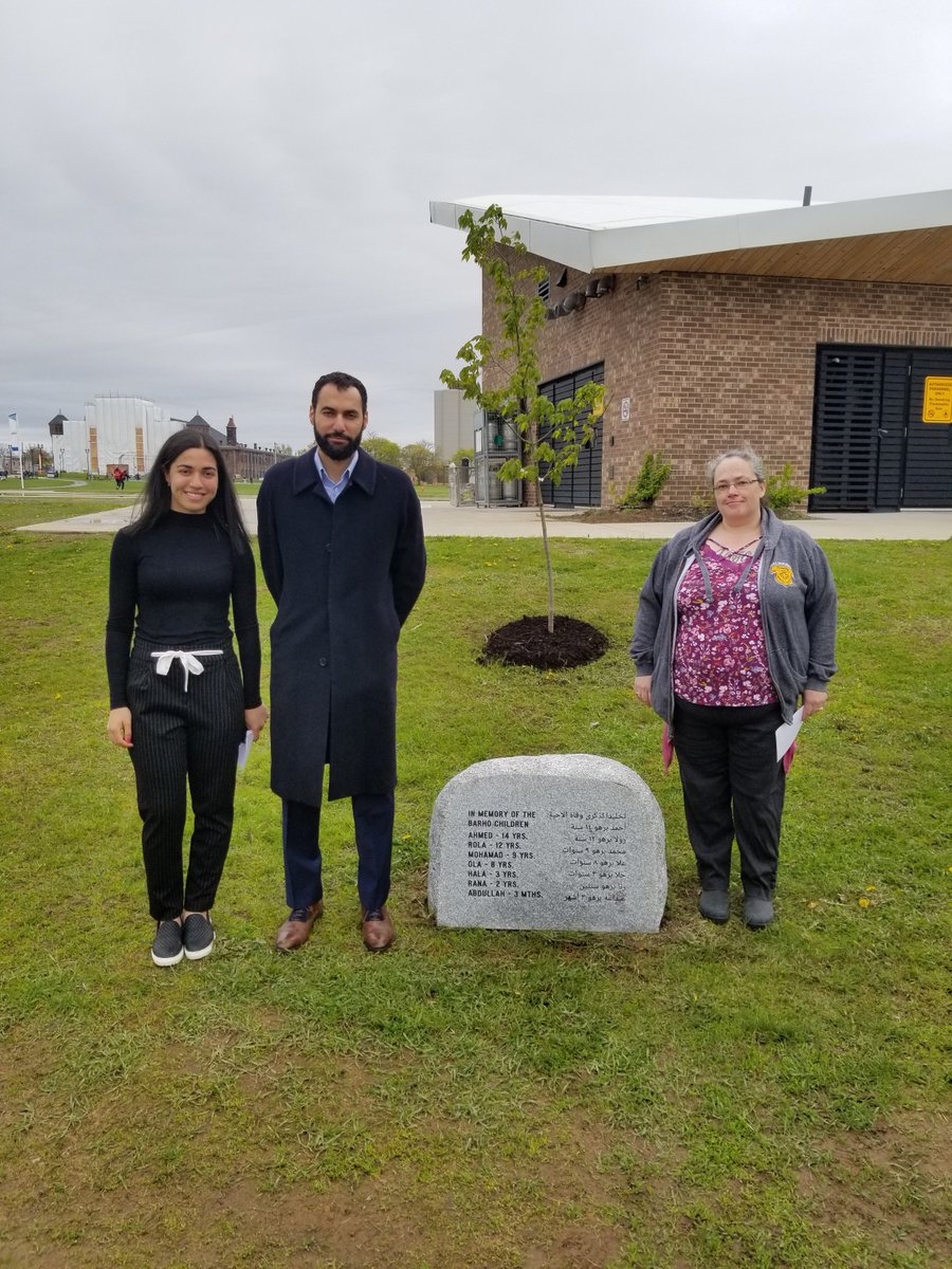 DalNursing's tweet photo. A granite marker and tree were planted today near the HFX Oval in memory of the 7 Barho children who tragically lost their lives this past winter. 2 SON students Nichole Gloade &amp; Sally Sukkar collaborated w the Barho family and their Iman to organize the remembrance @DalhousieU https://t.co/nftJPL8TSc