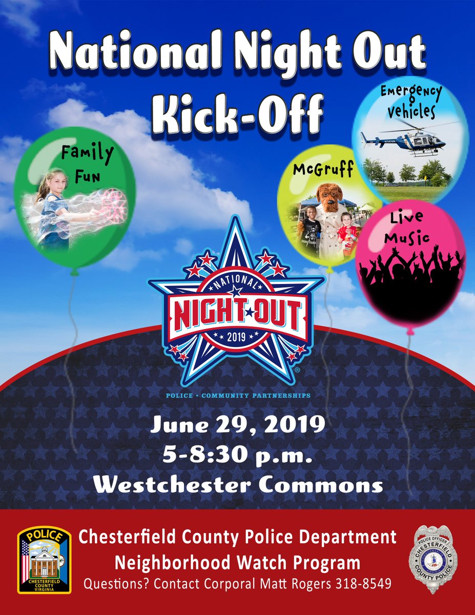 Put this party on the calendar...it's #FREE to everyone. We'll have live music and games for the kids. Let's get #NationalNightOut kicked off right! <a href="/OfficialNNO/">National Night Out</a> @ccpdcomsvcs <a href="/ccpdanimalsvcs/">Chesterfield Animal Services</a> #nno2019 <a href="/WCCommons/">Westchester Commons</a> <a href="/CfieldVA911/">Chesterfield Emergency Communications</a> <a href="/ChesterfieldVa/">Chesterfield County Government, Virginia</a> <a href="/chesterfieldpal/">Chesterfield Police Activities League</a>