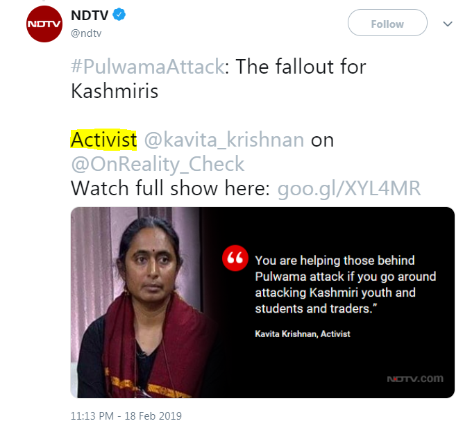 146^^Btw, the self styled Sherlock within me went a step further. I searched who all does  #NDTV refer to as 'Activists'.The results were SHOCKING!Pic 1: Kavita JiPic 2: Shehla BibiPic 3: Naqvi SahebaPic 4: Nobel wale Kailash JiIs there a hidden message somewhere?