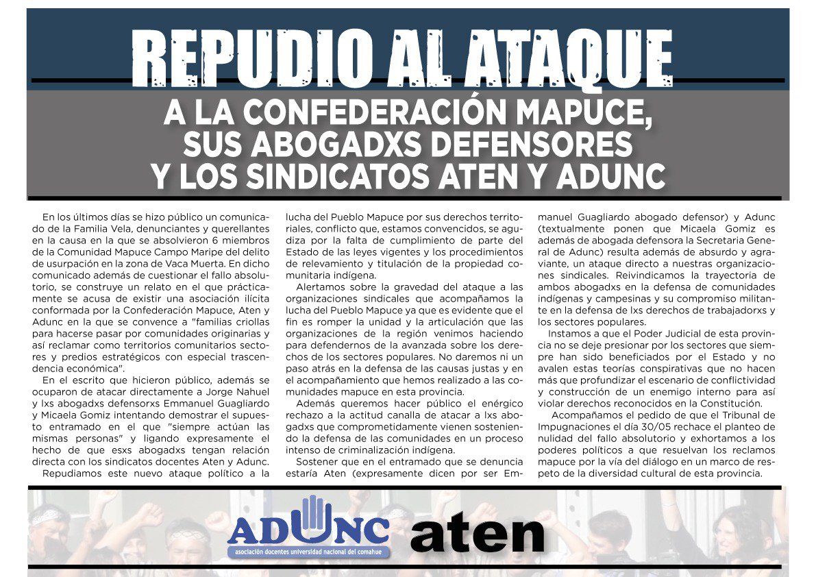AtenPrensa's tweet photo. Repudio al ataque a la Confederación Mapuce, a sus abogadxs defensores y los sindicatos #aten y #adunc. Ninguna acusación va a debilitar nuestra lucha! Ni un paso atrás! El gobierno de @OmarGutierrezOk debe cumplir con la ley 26.160 en beneficio de Campo Maripe. Mariciwew! https://t.co/wfTCDkToQU