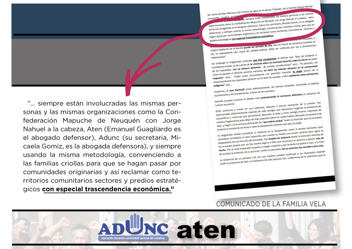 AtenPrensa's tweet photo. Repudio al ataque a la Confederación Mapuce, a sus abogadxs defensores y los sindicatos #aten y #adunc. Ninguna acusación va a debilitar nuestra lucha! Ni un paso atrás! El gobierno de @OmarGutierrezOk debe cumplir con la ley 26.160 en beneficio de Campo Maripe. Mariciwew! https://t.co/wfTCDkToQU