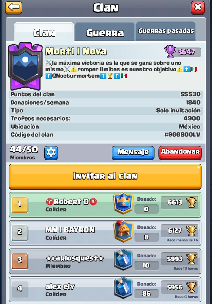 ✨⬆️🇲🇽Clan top de México🇲🇽⬆️✨
Req:
⚔️Pb 5k+
⚔️WW +50
⚠️Activo y donador⚠️
Solo quedan 6 cupos, si el clan crece y se posiciona top 100,torneo con premio, 3 ganadores, sorteos internos de promociones, gemas, paypal(5dls).
Rt se agradece <a href="/AyudaJugador/">Ayuda Jugador</a> @KAMI_Clash <a href="/RT_apoyo/">CR apoyando a la comunidad</a>