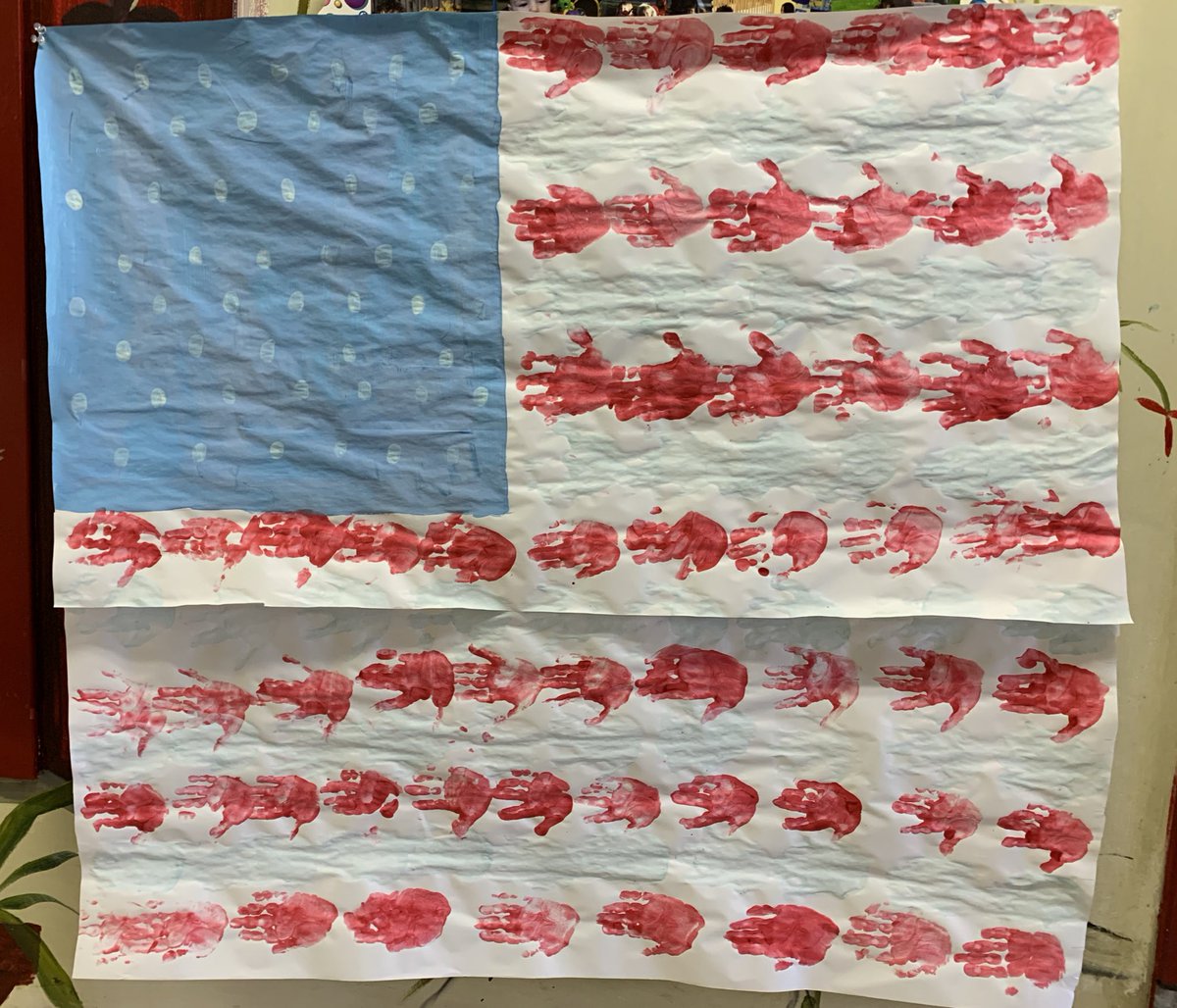 ms_mmcmanus's tweet photo. With my 13 two and three year olds we made an American flag in remembrance of Memorial Day this year. Each child made a stripe of handprints. My assistant and I used our thumbprints to make the “stars.” https://t.co/DY1XGd8URw