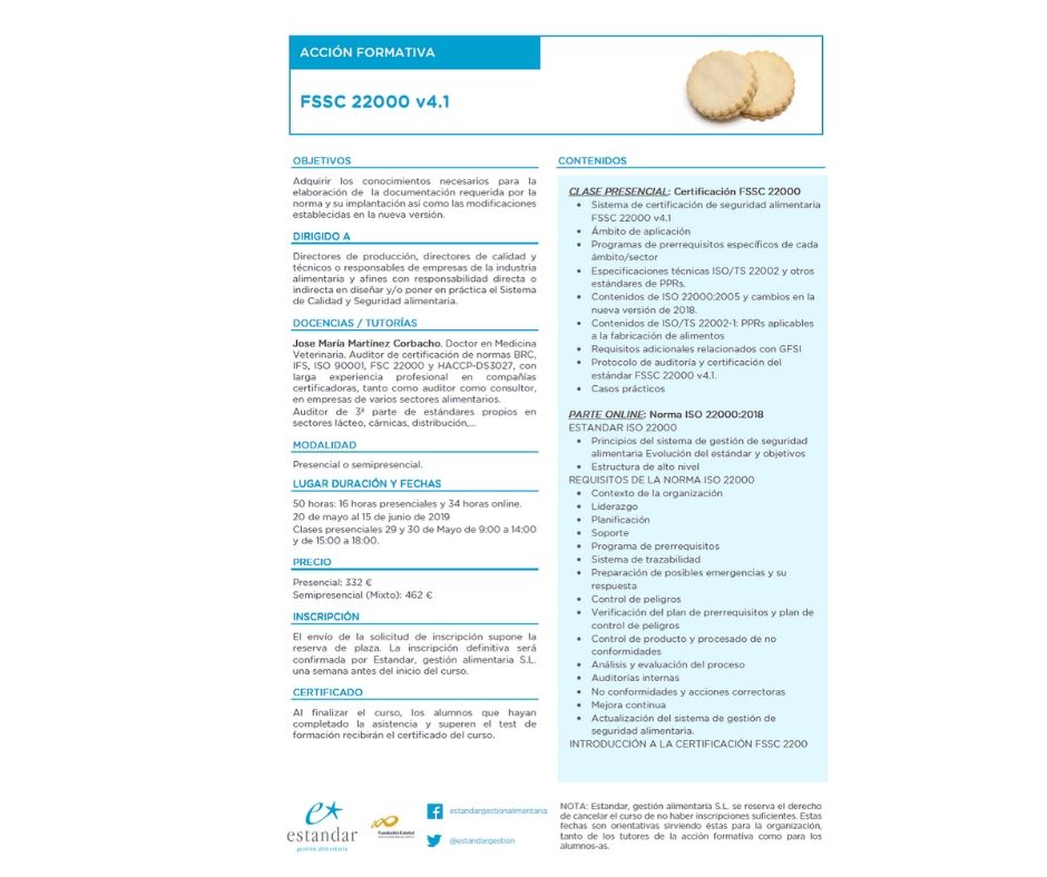 CammLab's tweet photo. Nueva acción formativa sobre Certificación de Sistemas de Seguridad Alimentaria que se realizará próximamente en estandar:
La parte presencial se impartirá los días 29 y 30 de mayo.
¡Todavía estás a tiempo de insribirte!
Beneficiate de un descuento por ser cliente del CAMM. https://t.co/qQD6UoeURz