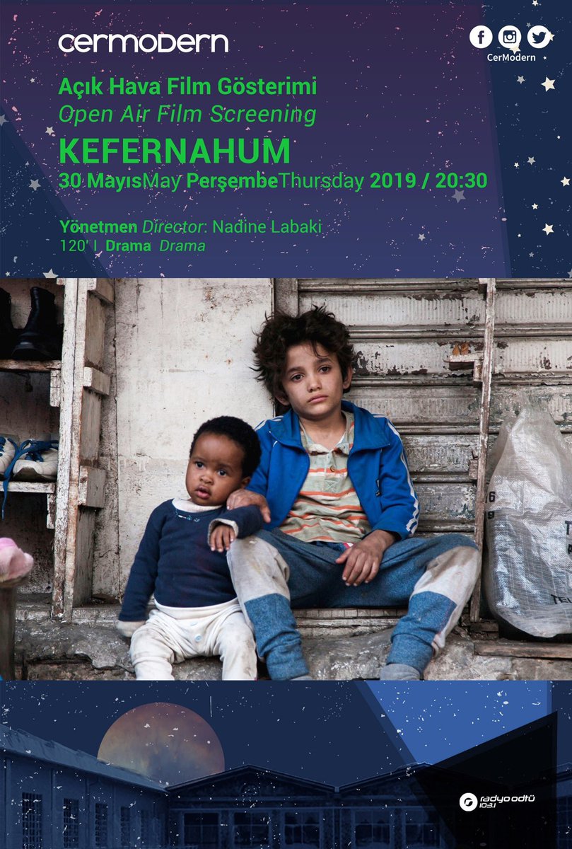 CerModern Açık Hava Sineması’nda 30 Mayıs Perşembe akşamı yönetmenliğini Nadine Labaki’nin yaptığı Kefernahum filmi gösteriliyor.  Filmin biletleri CerModern’de!

Bu tweeti RT eden ve bizi takibe alan 2 takipçimize çift kişilik davetiye hediye.