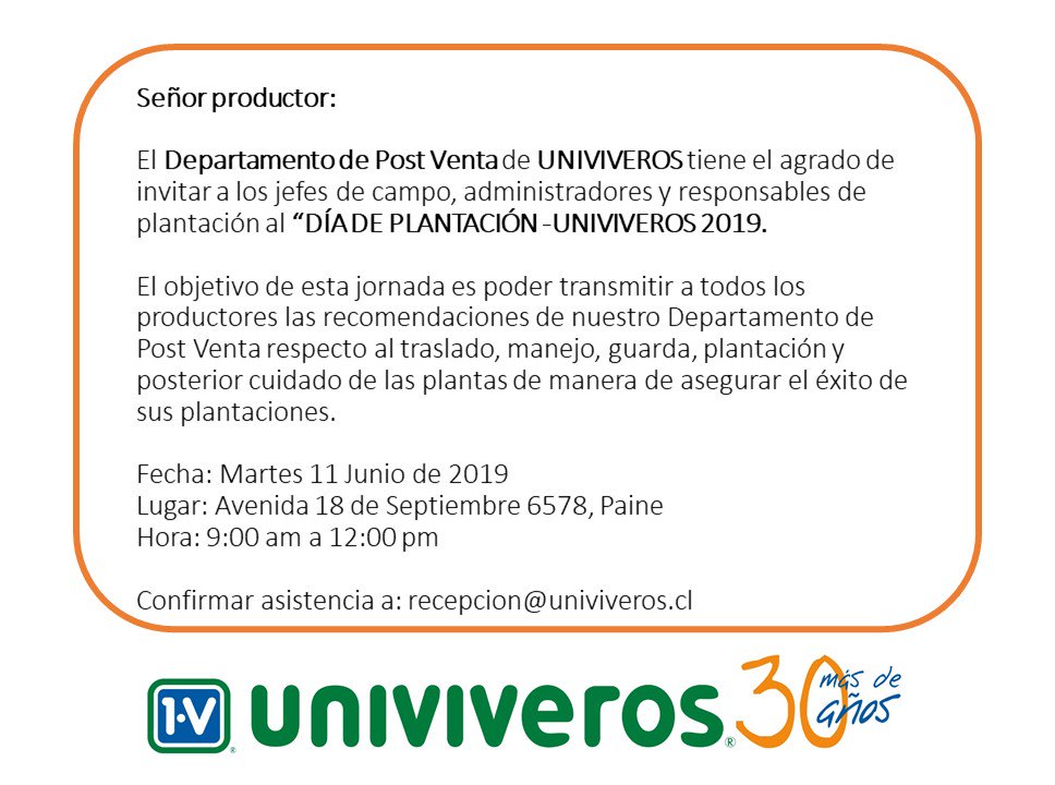 Un nuevo día de plantación en Univiveros este Martes 11 de Junio desde las 9 am. Momento de compartir la experiencia de nuestro equipo de post venta y así asegurar el éxito en todas las plantaciones. Los esperamos.