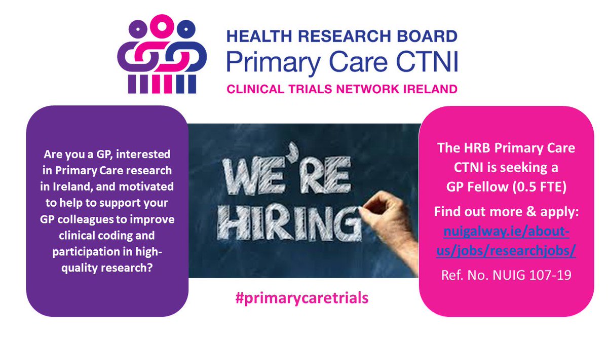 We are hiring! GP Fellow (0.5 FTE) for the HRB Primary Care Clinical Trials Network Closing date 7th June, Please share! NUIG 107-19 nuigalway.ie/about-us/jobs/… #primarycaretrials