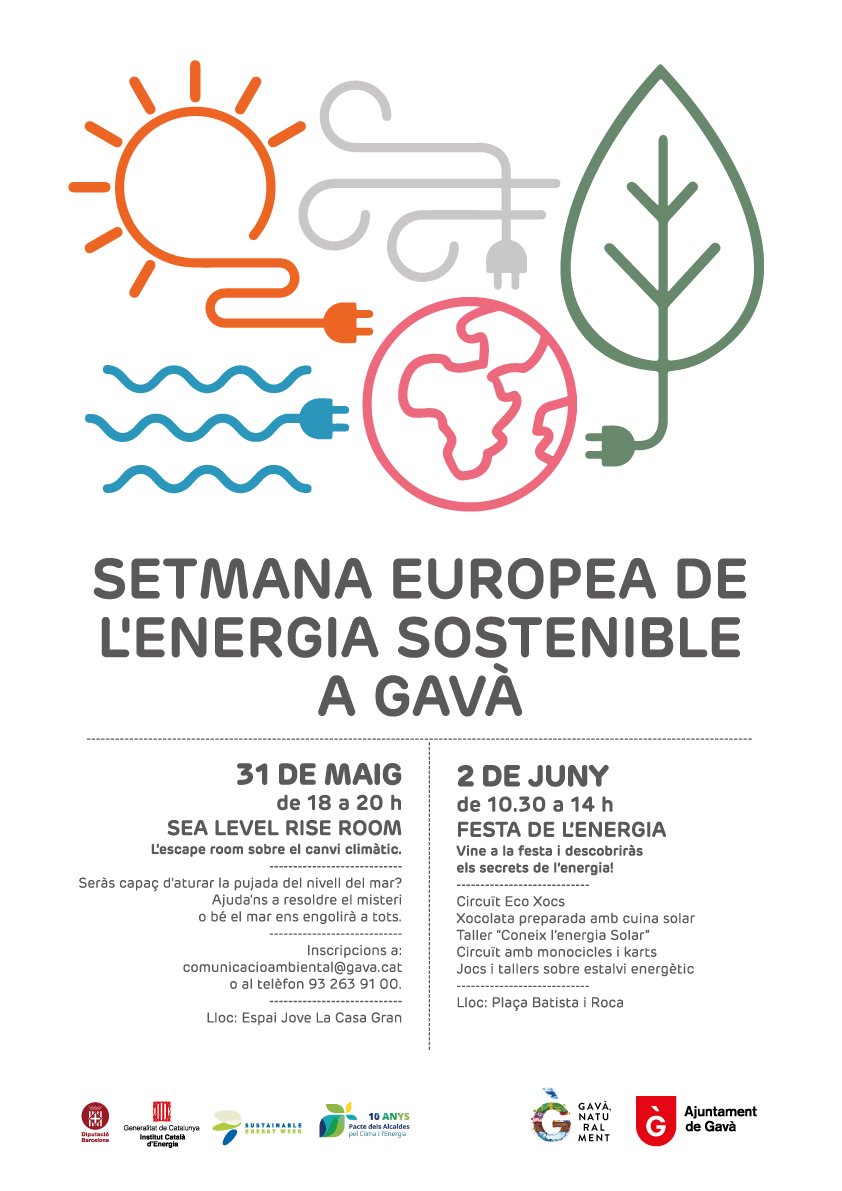#Gavà celebra la Setmana Europea de l’Energia Sostenible:   
- 31 de maig, Sea level rise room 🌊 A l'Espai Jove La Casa Gran.  
- 2 de juny: Festa de l'Energia  amb xocolatada feta amb cuina ☀️, tallers i jocs. A la plaça de Batista i Roca <a href="/gavamediambient/">Medi Ambient Gavà</a>