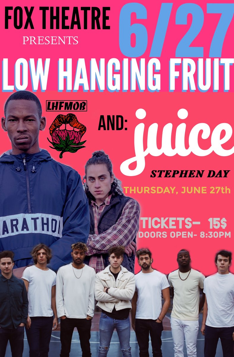 .<a href="/itstimeforjuice/">Juice</a> + <a href="/LHFmob/">Low Hanging Fruit</a> co-headline the Fox on June 27th with special guest <a href="/heystephenday/">heystephenday</a>! Tickets for the show available here >> bit.ly/2YJblY7