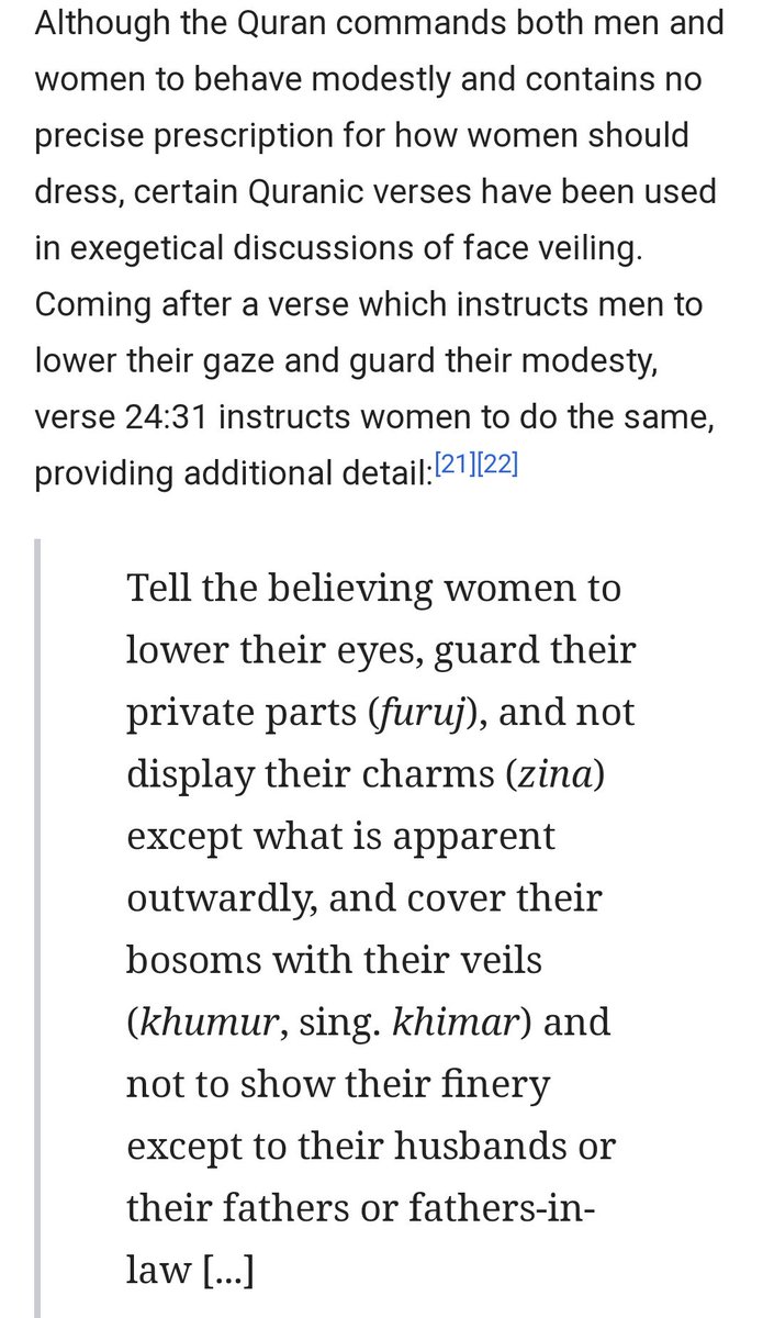 Mss_stranger_'s tweet photo. @Dreepss @ragowheeze @CynJiyuu @LuisGarr86 @wiwi_saiz @Yami_Shepard18 Según Wikipedia en el Corán pide a hombres y mujeres decoro en el vestir y no específica ropas para la mujer, pero hay dos fragmentos que generan debate sobre su exigencia o no porque depende de la interpretación que se de https://t.co/JLtJif3krH