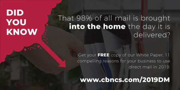 Did you know…that 98% of all mail is brought into the home the day it is delivered? Get your free copy of our White Paper, 11 compelling reasons for your business to use direct mail in 2019. cbncs.com/2019DM #directmail #marketing #directmailmarketing