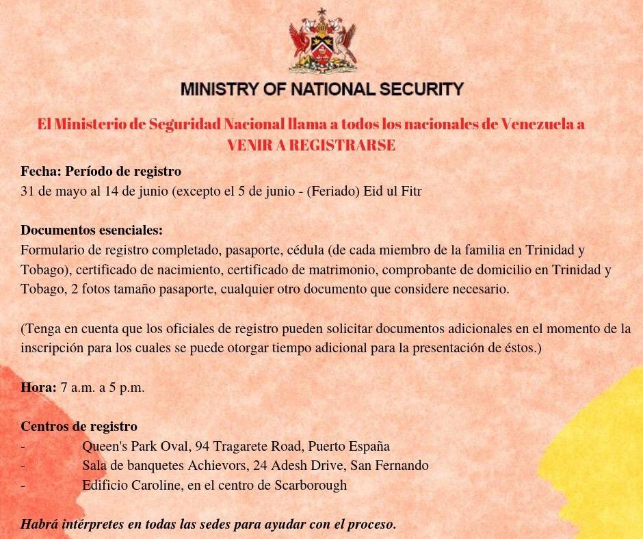 CarlosValero08's tweet photo. #27May #ATENCIÓN Acá dejó toda la información oficial sobre el proceso de registro migratorio especial para venezolanos en Trinidad y Tobago que inicia este #30May https://t.co/RYieh2W8b8