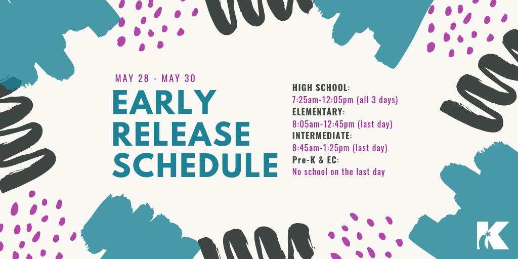 We hope you had a great Memorial Day Weekend…now, back for the last week of school!

Here is the early release schedule for May 28th-May 30th. See you tomorrow! 😊#Promise2Purpose