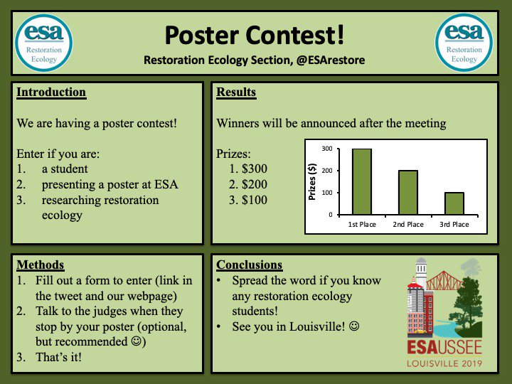 Reminder - We are holding a student poster contest at the #ESA2019 meeting.  Sign up here: goo.gl/forms/LdbHvYmw…
