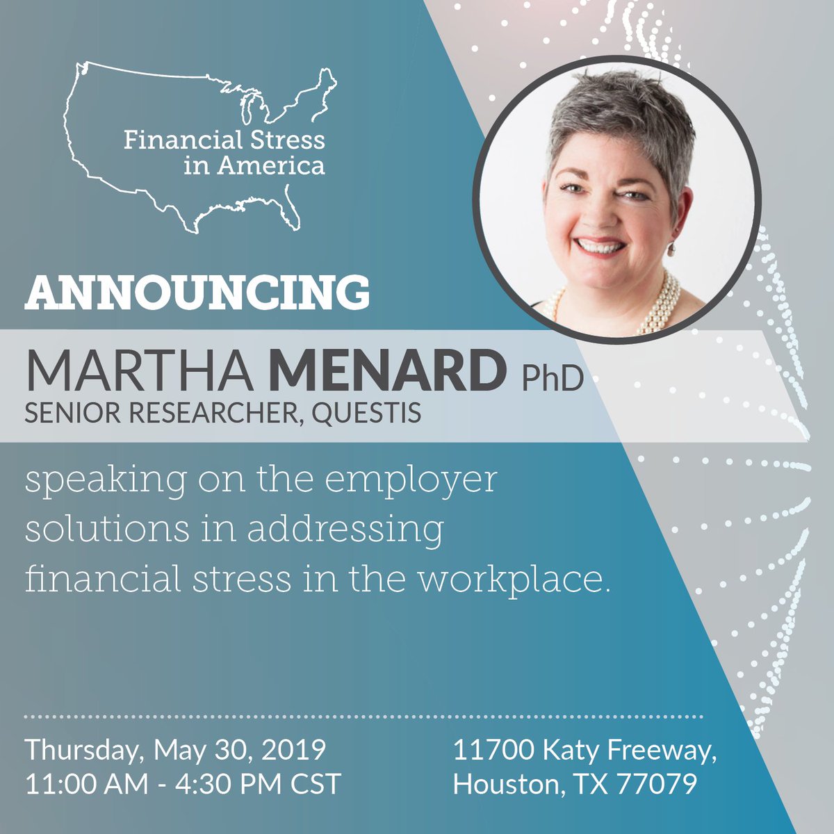 myquestis's tweet photo. Are you headed to the Qualified Plan Advisors Financial Stress in America Seminar in Houston this week? Don't miss Martha Brown Menard, PhD from Questis speaking on employer solutions. #FinancialWellness #FSinA #Houston @DrMarthaMenard @PCIAWealth https://t.co/ex182ZAKTr