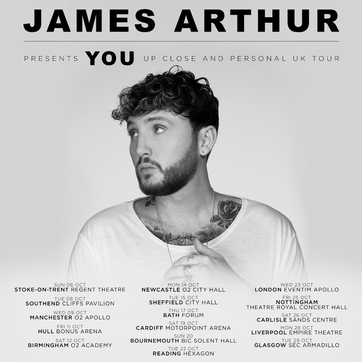 JamesArthur23's tweet photo. You’ve waited long enough, so here it is… I’ll be heading on the road around the UK in October for my Up Close and Personal tour.. pre-sale for tickets on Wednesday and general sale on Friday… Hope to see you there! JA x https://t.co/l7WuRQRLXY