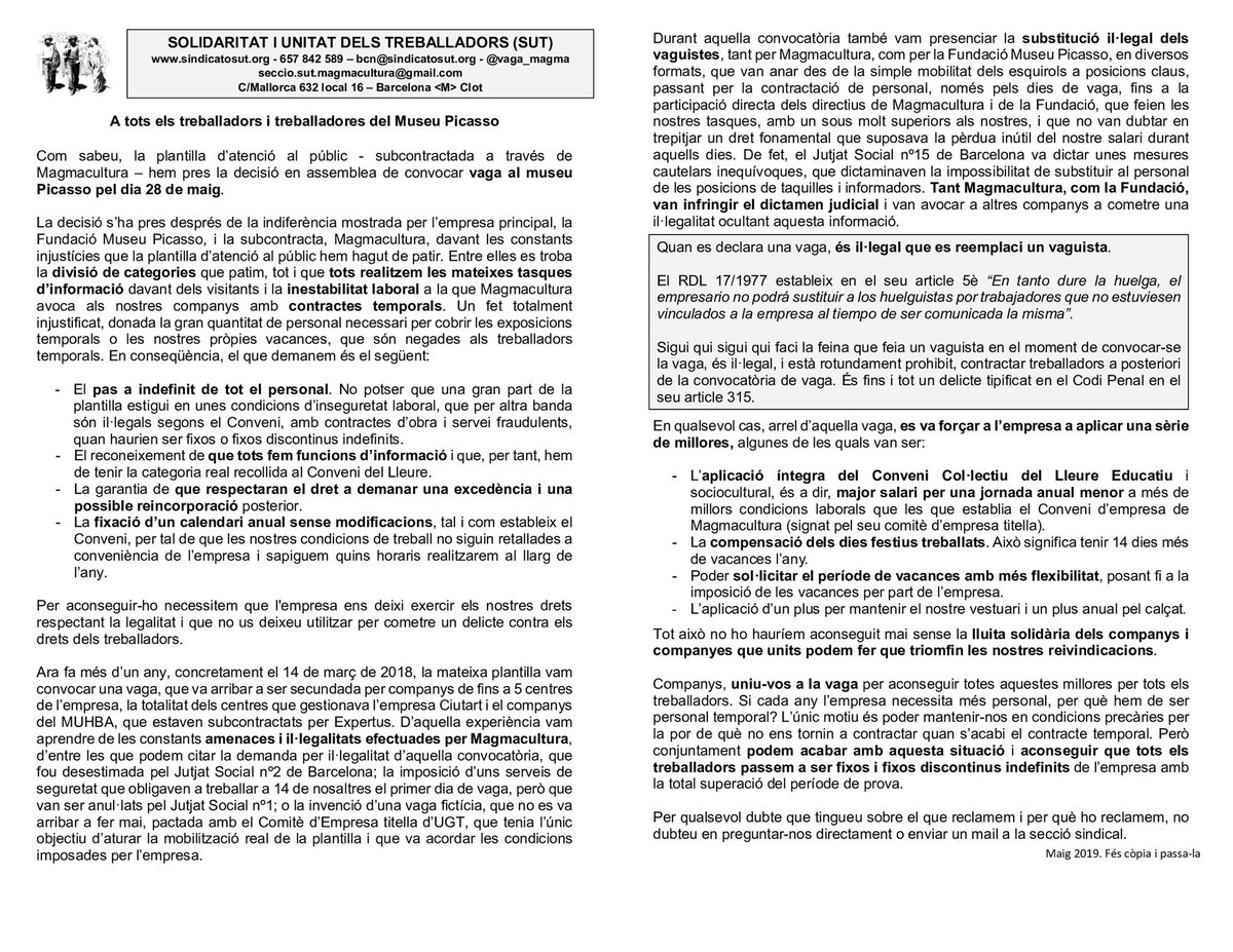 vaga_magma's tweet image. Demà els treballadors de Magmacultura al Museu Picasso de Barcelona tornem a la vaga.

Prou abusos i prou precarietat!