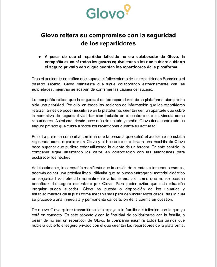 Comunicado de <a href="/Glovo_ES/">Glovo</a> insultante, MUY grave y ademas mintiendo descaradamente. Lavandose las manos totalmente la responsabilidad de la muerte de un trabajador suyo.No tenéis vergüenza.Q sepan q no nos qedaremos de brazos cruzados y os llevaremos a los tribunales