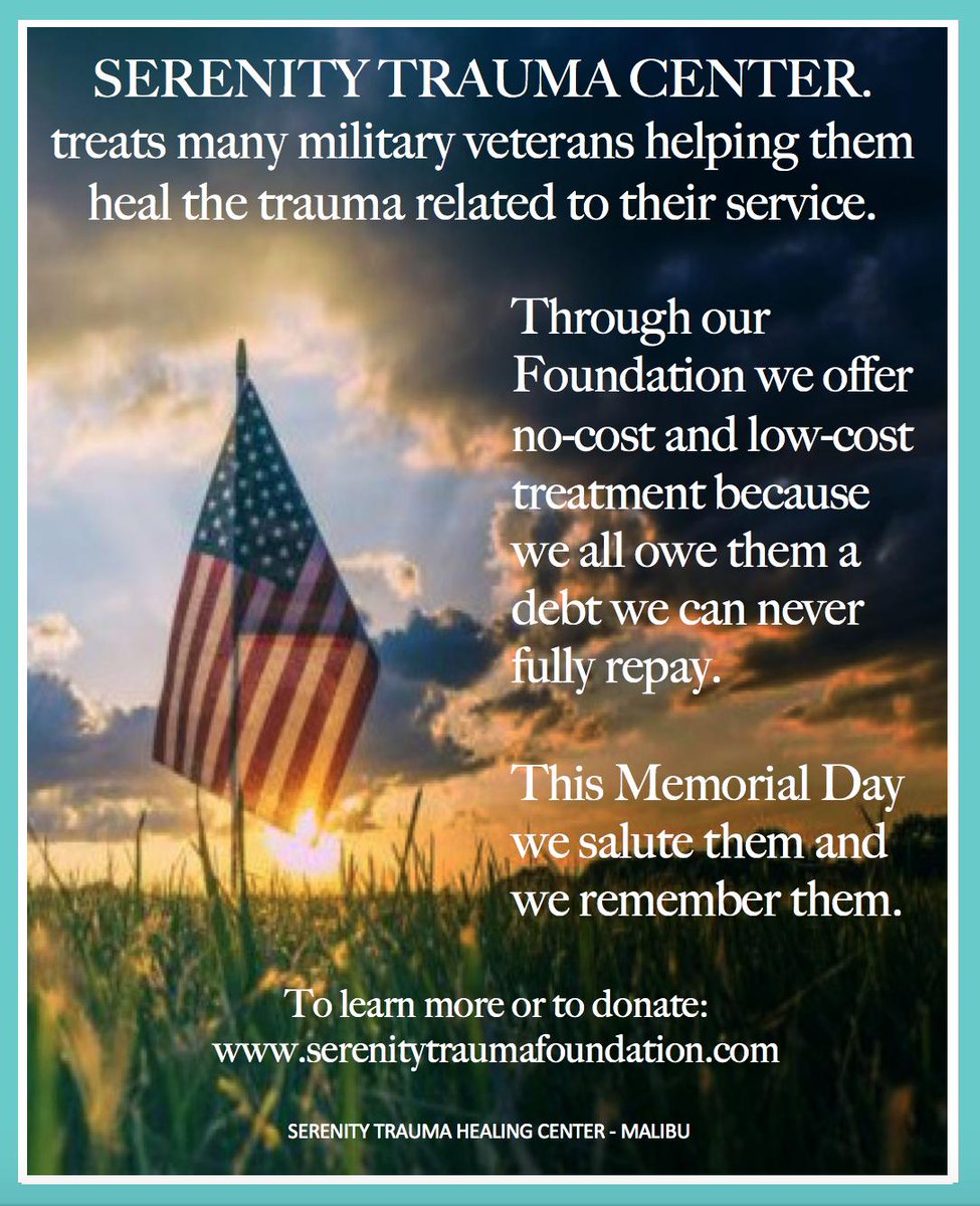 TraumaSerenity's tweet photo. Through our foundation we treat Veterans at no-cost and low-cost to heal them from the wounds of the Invisible War. For more information or to donate: https://t.co/ASb4XehRpQ @TraumaSerenity #MemorialDay2019 #MemorialDay #PTSD #HonorThem #MentalHealthAwareness #WeRemember https://t.co/reJk50ZNik