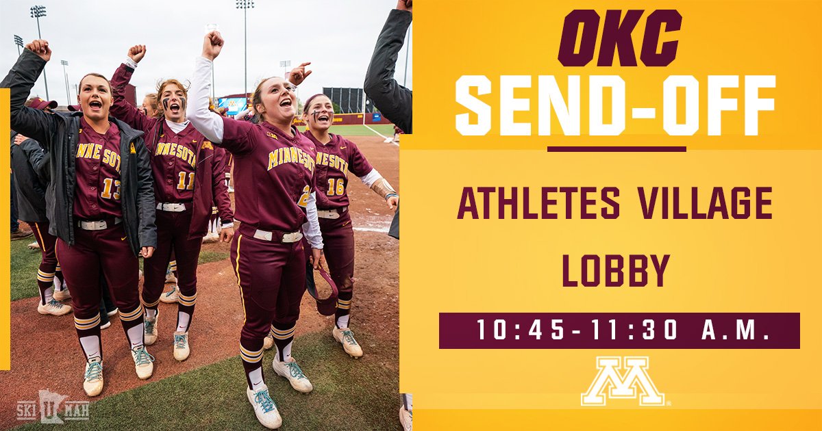 GopherSoftball's tweet image. Help send-off the #Gophers in style tomorrow as they leave for the Women&apos;s College World Series in OKC! It will take place in the Athletes Village lobby. Autographs will start at 10:45 a.m. and the team will leave at 11:30 a.m. 〽️