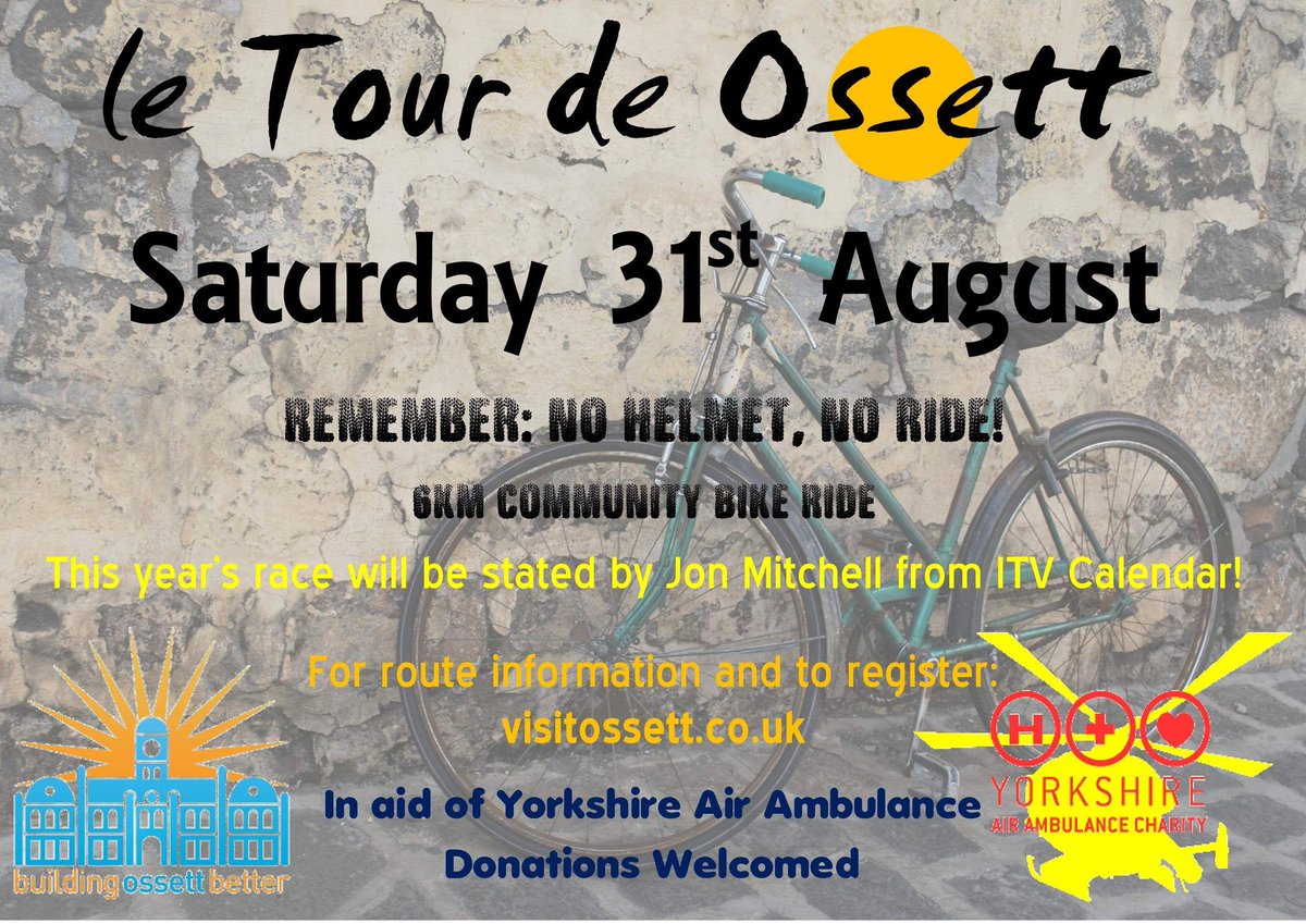 .<a href="/YorkshireAirAmb/">Yorkshire Air Ambulance</a> .@JonMitchellITV .<a href="/LoveOssett/">Love Ossett</a> .<a href="/visitossett/">Visit Ossett</a> .<a href="/ThisIsOssett/">Ossett</a> .<a href="/OssettBetter/">Mark Ellerker</a> .<a href="/Expwakefield/">Experience Wakefield</a> .<a href="/WeAreCyclingUK/">Cycling UK</a> .<a href="/Cyclingnewsfeed/">Cyclingnews</a> .@Radiokellypegg back again guys