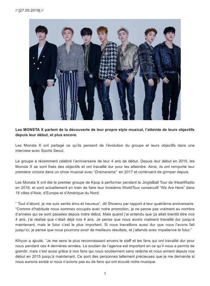 kihyunfrancefan's tweet photo. // [27.05.2019] //

Article de @Soompi dans lequel les Monsta X parlent de leur 4ème anniversaire de début et de leurs objectifs.

----
Source : https://t.co/95QPhduNMJ
#Mirioux https://t.co/5XivqKcx8n