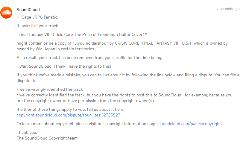 CageJRPGFanatic's tweet image. So I was gonna guitar cover #FinalFantasyVII #CrisisCore and Soundcloud gave me a copyright strike. &amp;gt;:( 

Hours were wasted to learn this song so I can upload it to you. D&quot;: 

#JPRG