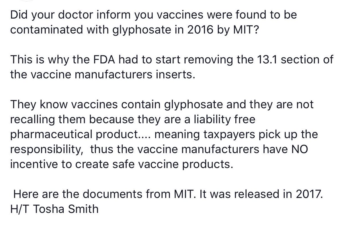 Did your doctor inform you #vaccines were found to be contaminated with #glyphosate in 2016 by MIT?
GCFVC

#GlyphosateCausesCancer #Monsanto #ResearchIt #Cancer #WakeUpParents 

Documents:
people.csail.mit.edu/seneff/2017/Sa…