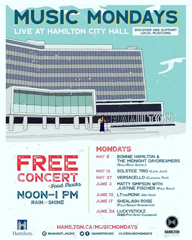 I’m gonna be playing some songs at Hamilton City Hall next Monday at noon for the <a href="/HamOntMusic/">HamOntMusic</a> Music Monday series. <a href="/thebassmachine/">Justine Fischer</a> and I will be performing as a duo and we hope you can join us! 

#musicmonday #series #cityhall #hamont #music #duo #folk #acoustic