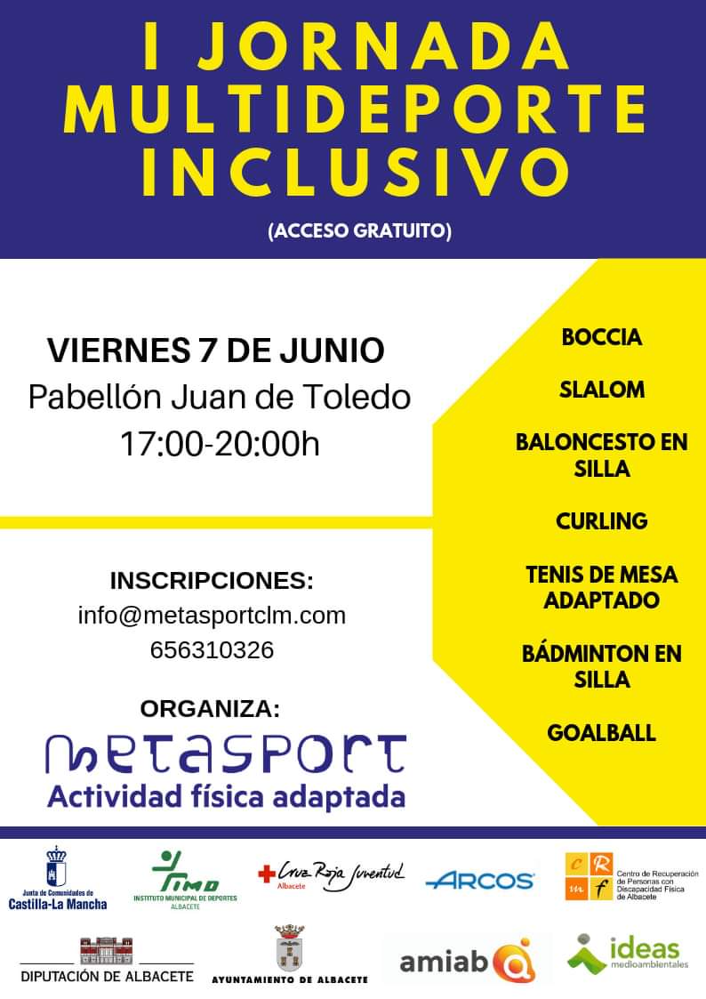 ¡Disfruta de una tarde diferente! #jornadasmultideporteinclusivoAB #deporteadaptado #inclusion #actividadfisica #salud #sensibilizacion Viernes 7 de junio por la tarde en el pabellón Juan de Toledo <a href="/ImdAlbacete/">IMD Albacete</a> @SanitarioDiario