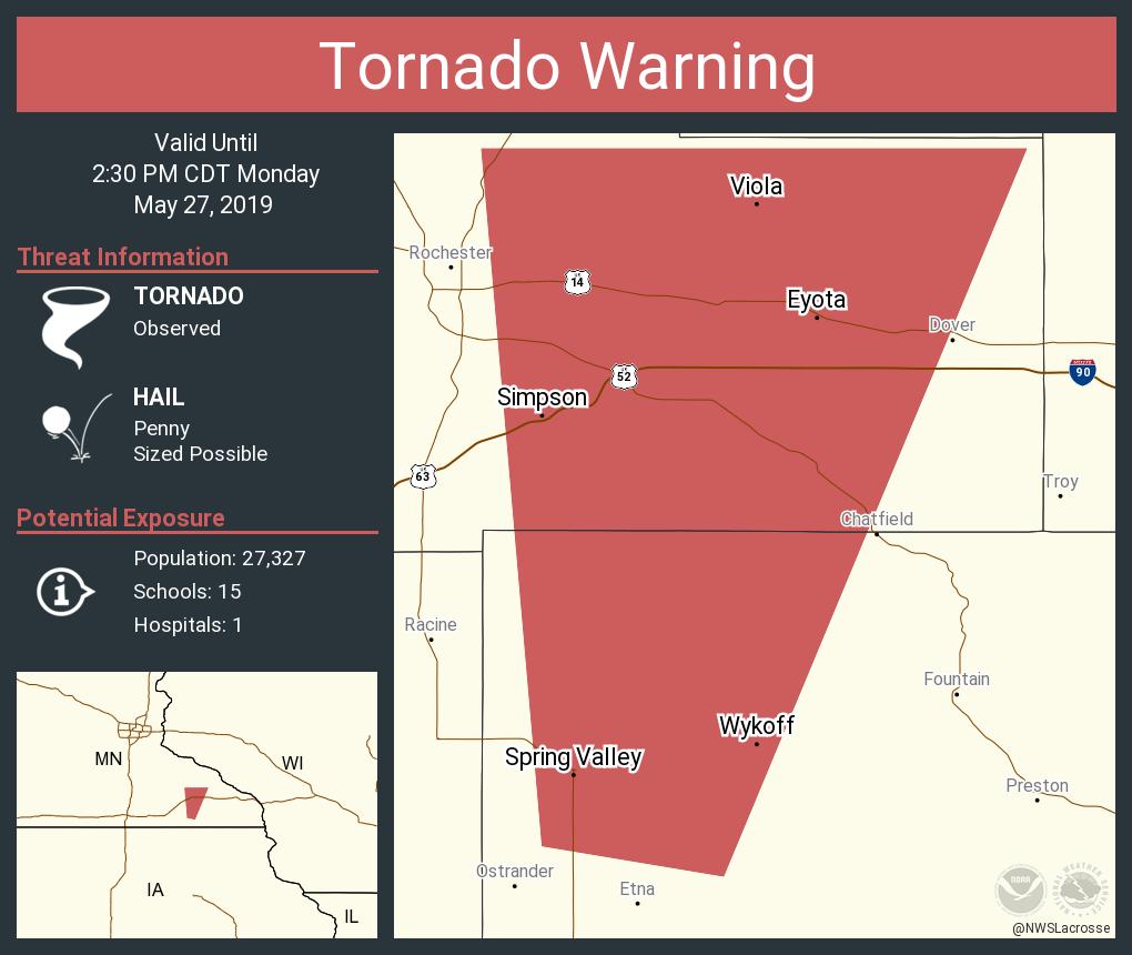 NWSLaCrosse's tweet photo. Tornado Warning including Spring Valley MN, Eyota MN, Wykoff MN until 2:30 PM CDT https://t.co/P8pY1y4d1Q