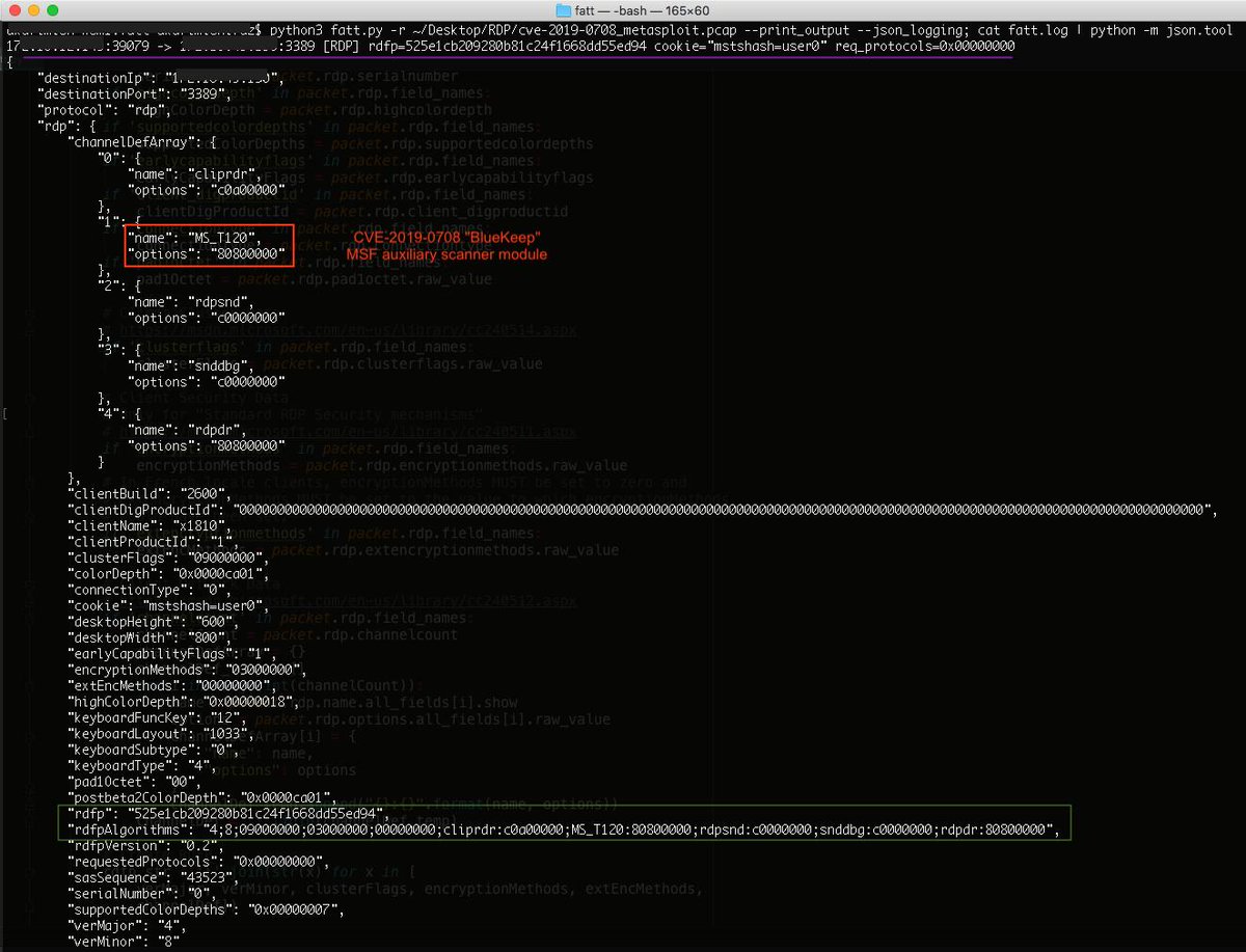 0x4D31's tweet photo. just released fatt; a script for extracting network metadata and fingerprints from pcap files and live network traffic. Go fingerprint all the things! https://t.co/eqSiIQab6D  #honeypot #ThreatHunting https://t.co/fX2aLYogdf