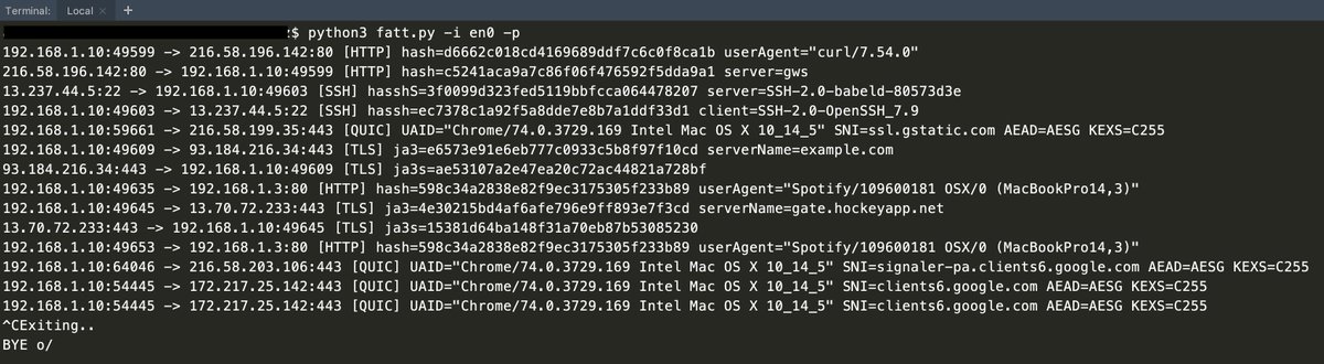 0x4D31's tweet photo. just released fatt; a script for extracting network metadata and fingerprints from pcap files and live network traffic. Go fingerprint all the things! https://t.co/eqSiIQab6D  #honeypot #ThreatHunting https://t.co/fX2aLYogdf
