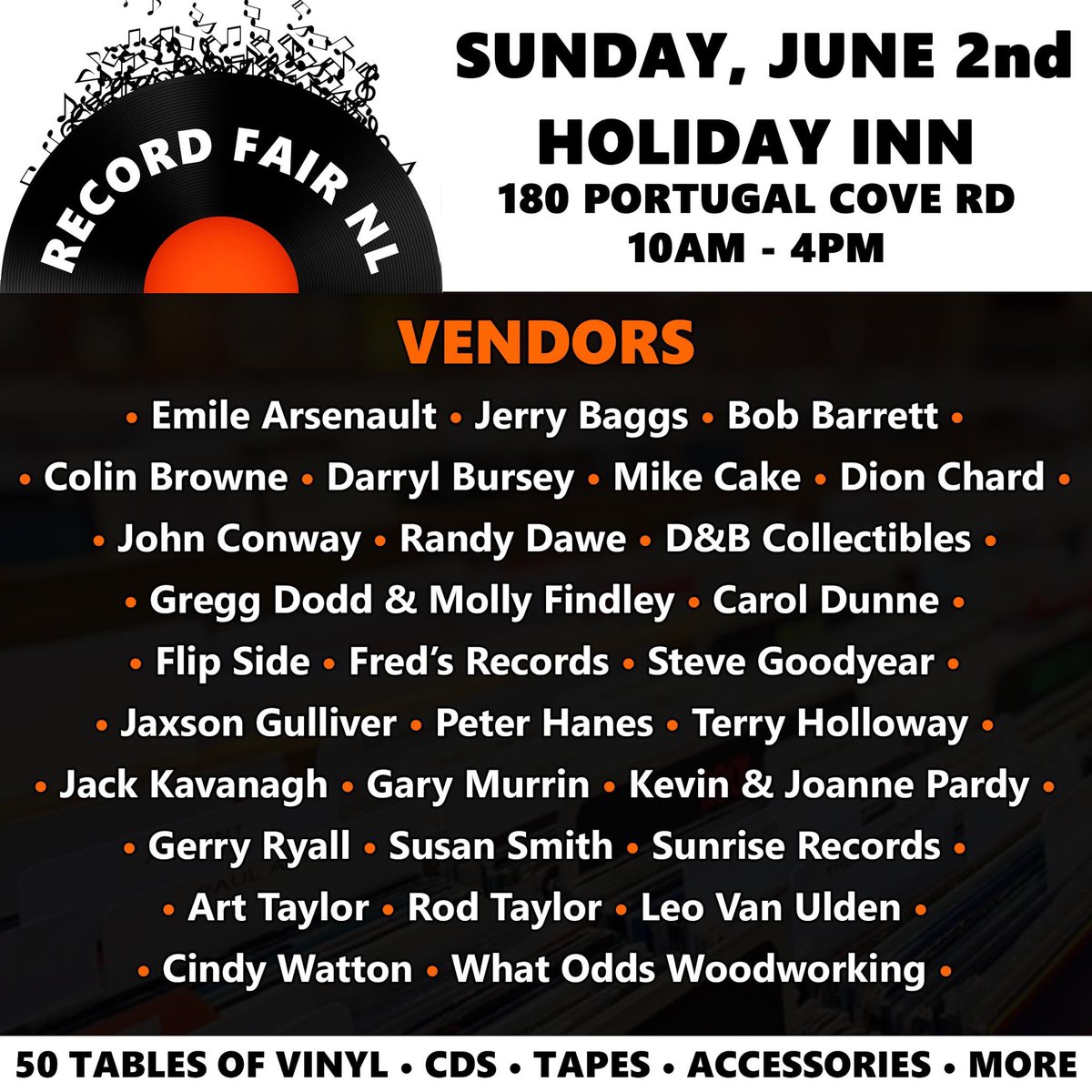 recordfairnl's tweet photo. Final Vendor List! #recordfairnl #eventsnl #nlevents #vinyl #yyt #recordfair #recordcollection #newfoundland #explorenl https://t.co/uqJ9PsJANz