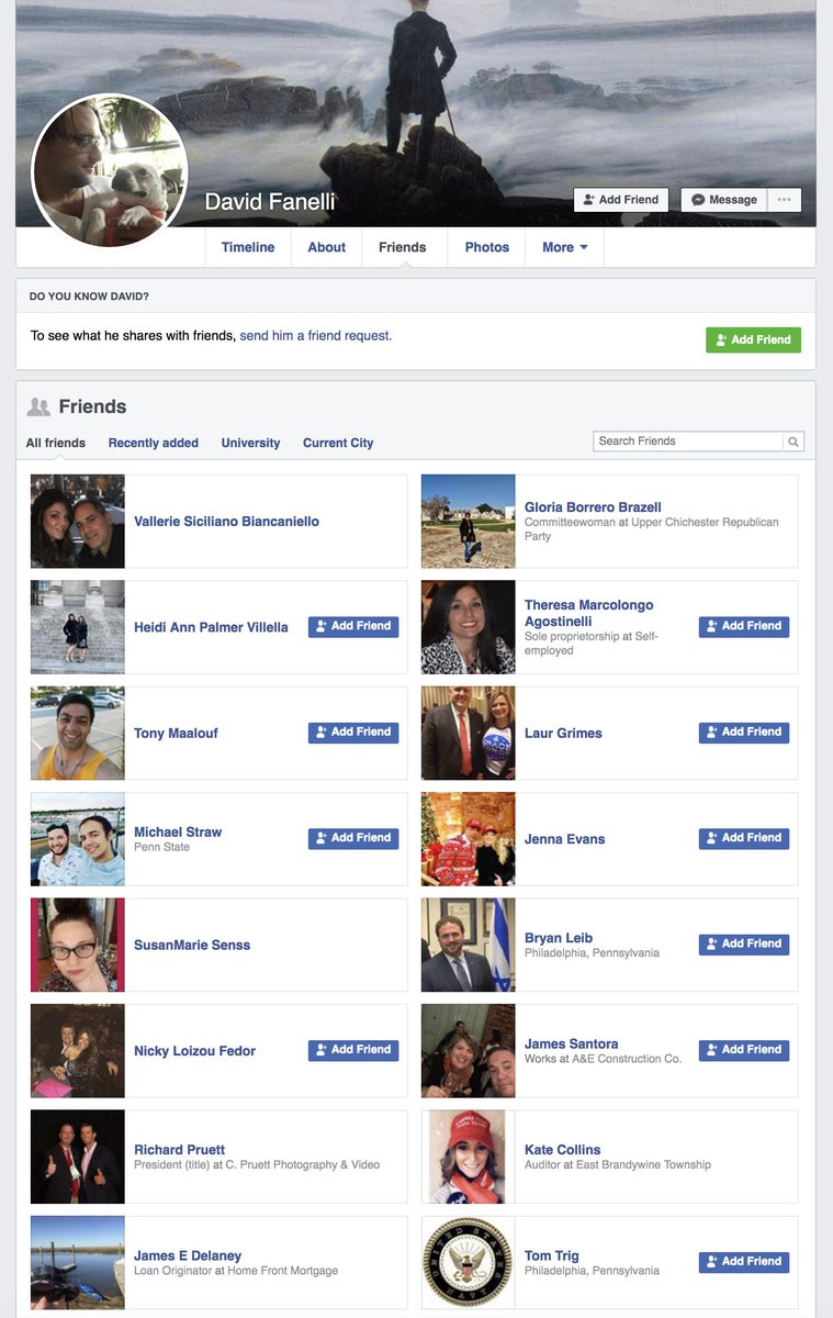 In leaked Identity Europa chats, Fanelli talked at length about his strategy of infiltrating local Republican politics for the purposes of recruitment. Check out his archived Facebook friends list.Notice anyone familiar?