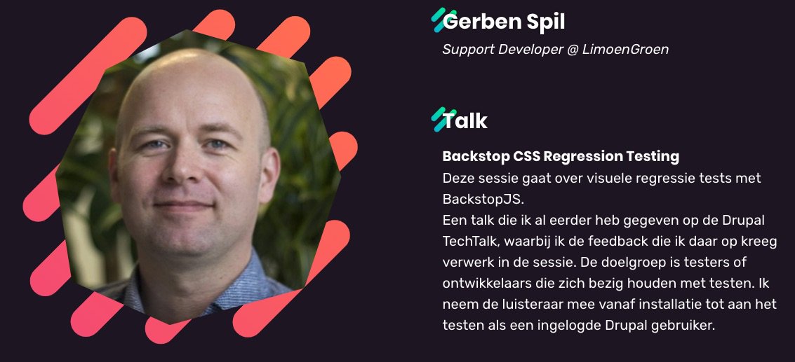 Drupaljam's tweet image. Op #drupaljamxl laat @gerbenspil je zien hoe je visuele regressie tests doet met #BackstopJS.
Verzeker nu je tickets!
eventbrite.com/e/drupaljamxl-…