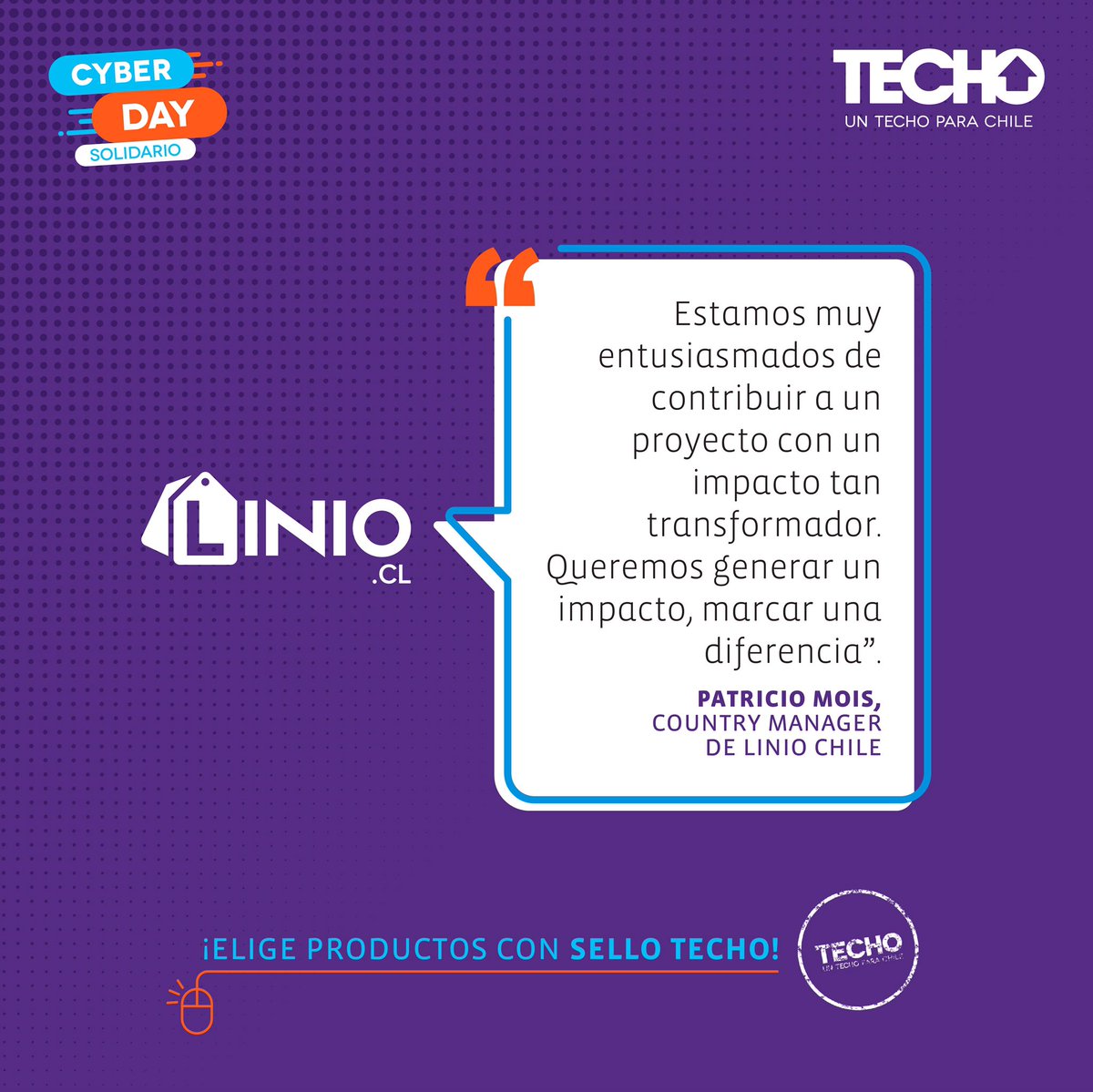 TECHOChile's tweet photo. .@LinioChile se sumó al #CyberDaySolidario porque quieren “marcar una diferencia” 👏🏻👏🏽👏🏿 Súmate tú también y elige productos con #SelloTECHO de Linio 🔥 Vamos por una #ciudadsinlimites para tod@s! 

#CyberDay
#CyberDayCL
#CyberDayChile 
#CyberDay2019 https://t.co/ls9iCyj8i9
