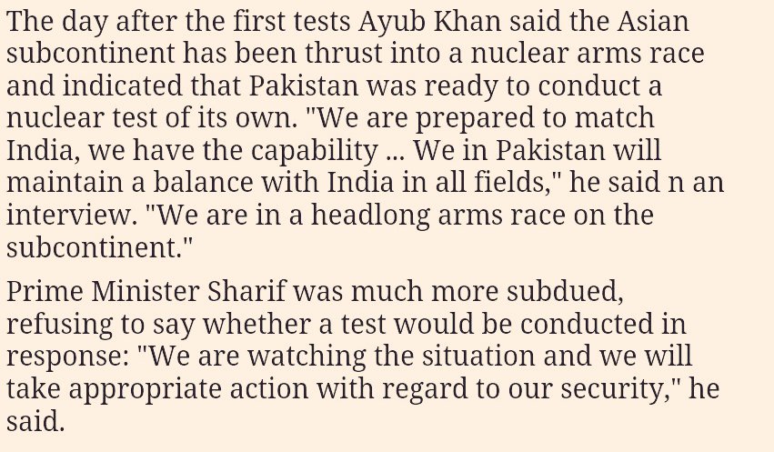 According to  http://nuclearweaponarchive.org ,Prime Minister Sharif was much more subdued, refusing to say whether a test would be conducted in response: "We are watching the situation and we will take appropriate action with regard to our security,"Link: https://nuclearweaponarchive.org/Pakistan/PakTests.htmlE/N