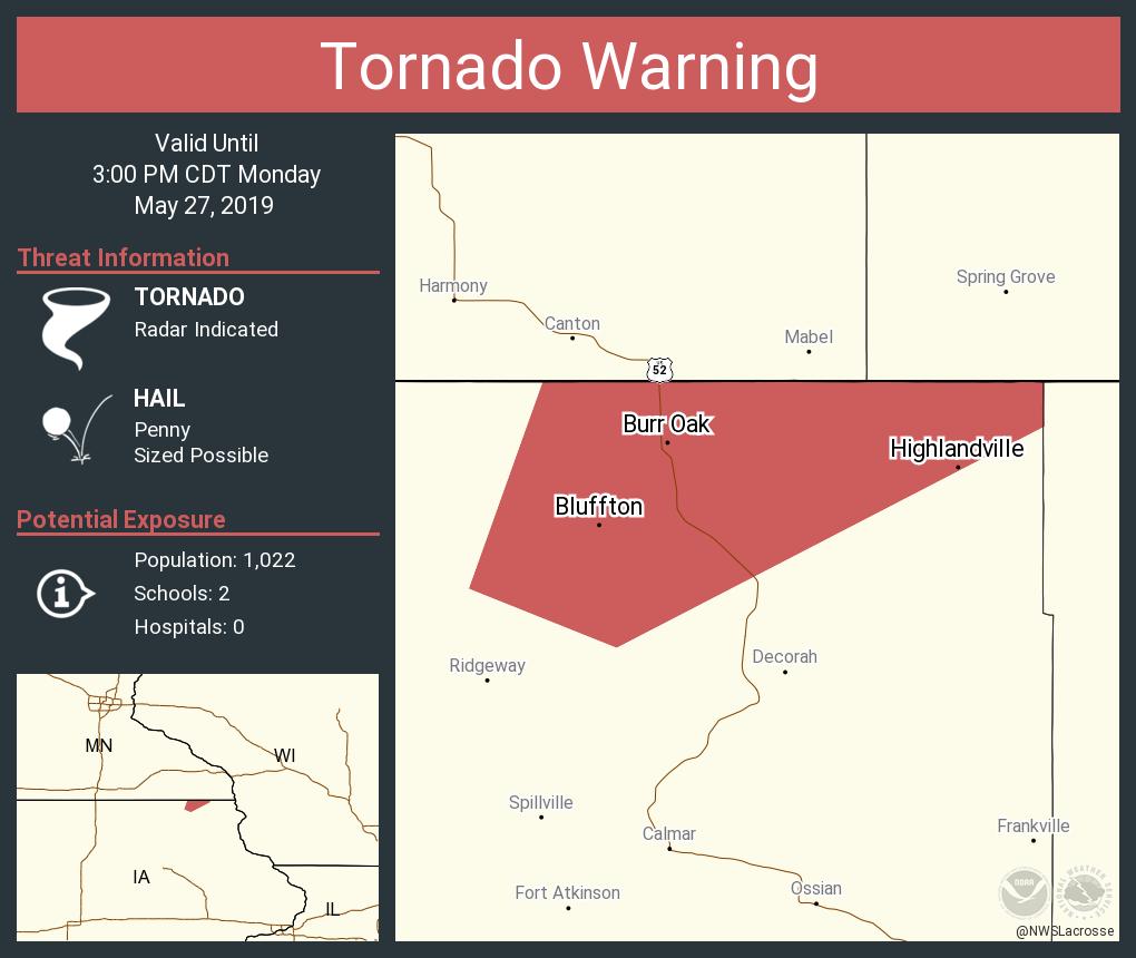 Tornado Warning continues for Burr Oak IA, Highlandville IA, Bluffton