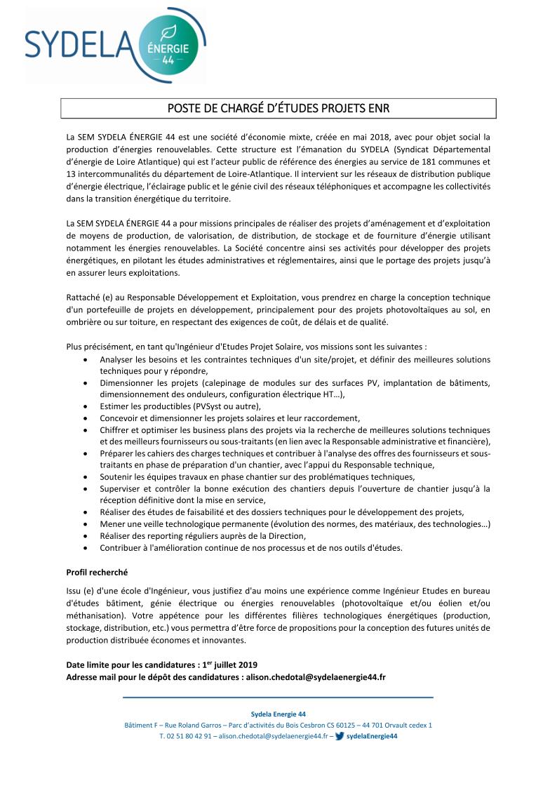La SEM SYDELA ÉNERGIE 44 recrute !!!