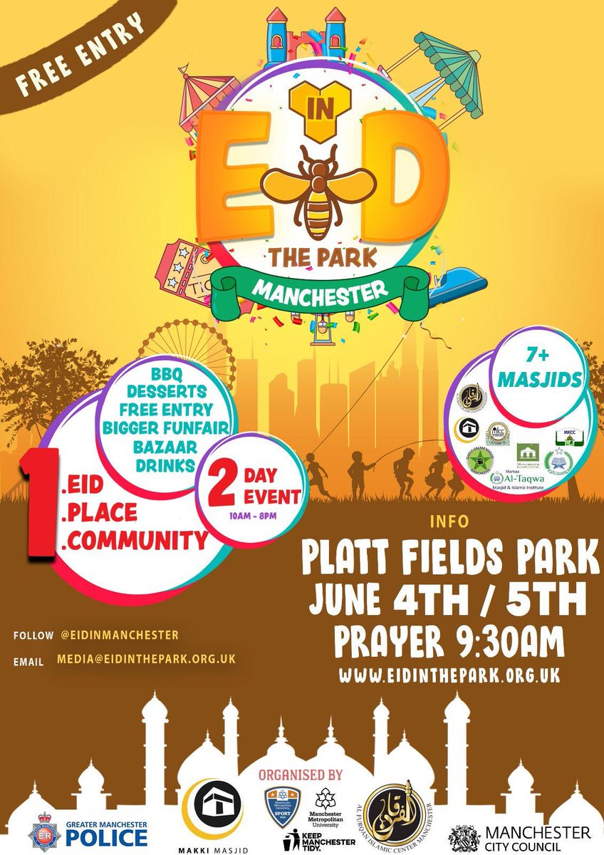 We invite you all to celebrate Eid In The Park 2019. Our biggest and best event yet! Come and join us and perform the largest Eid salah happening in the North! Featuring a funfair, bazaar, food &amp; bbq stalls and much more! Bring your whole family along to this joyous occasion.🎉
