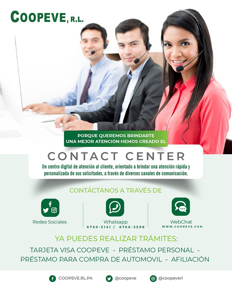coopeverl's tweet photo. Estamos innovando para brindarte una mejor atención
Realiza tus consultas de #prestamoPersonal #tarjetaVisa #afiliacion #prestamodeauto
a través de nuestros canales de comunicación #facebook #instragram #whatsapp
#coopeve #panama #cooperativa https://t.co/6nuUvE87jD