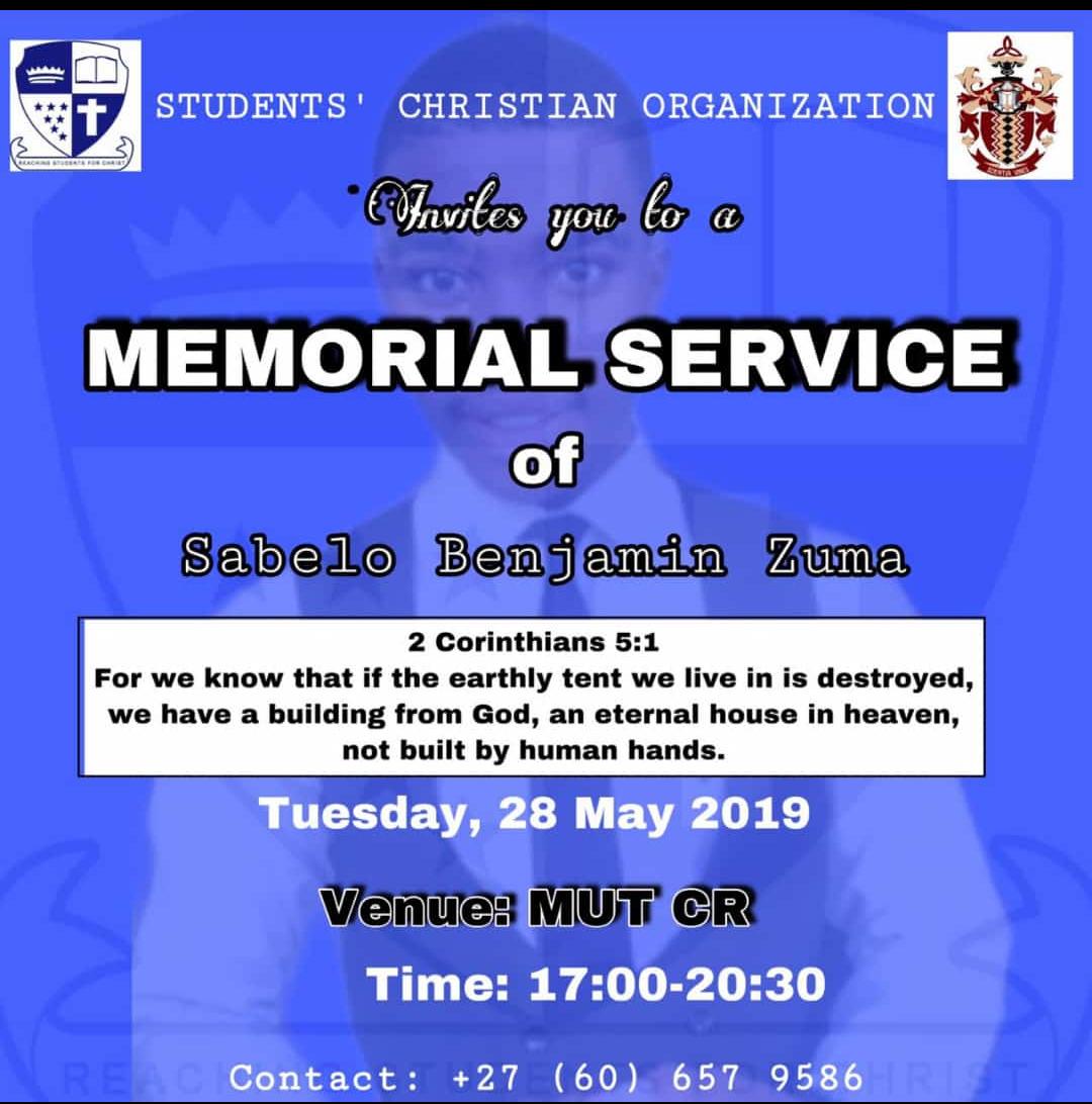 EFFSC_MUT's tweet photo. Gone too soon Sabelo Zuma. We send off our heartfelt condolences to the family and friends. And we further encourage all students of @MUTcampus @mut_schools to avail themselves for his MEMORIAL SERVICE to pay tribute to him and the meaningful life he lived. https://t.co/la09v9rT9J