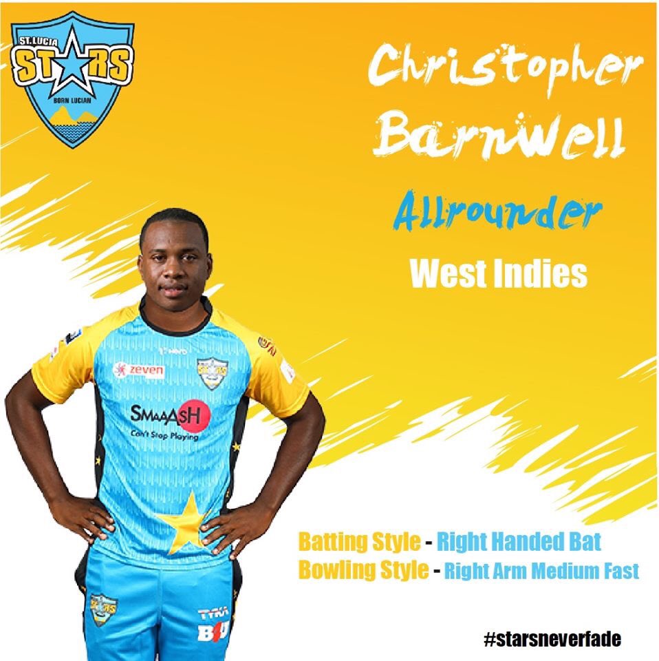 StLuciaStars's tweet photo. Christopher Barnwell
Playing role Allrounder
Batting style Right-hand bat
Bowling style Right-arm medium-fast

#CPL18 #biggestpartyincricket #StarsRiseAgain #CricketPlayedLouder #WindiesCricket #StarsNeverFade
#CPL19 https://t.co/Y3nWyJ1UMa